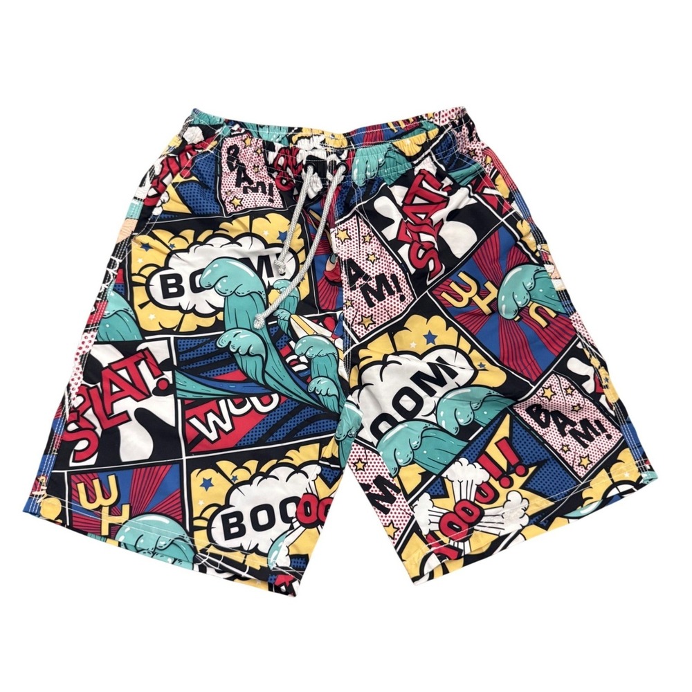 Prefer To Life Mens Y2K Comic Book Print Beach Shorts Size M Multicolor Pop Art
